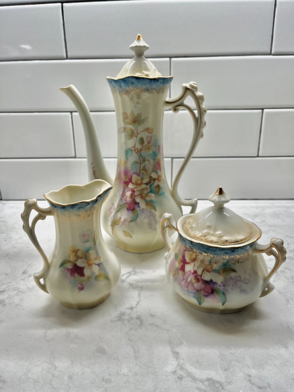 Antique  Reinhold RS Prussia Chocolate Pot with Matching Sugar and Creamer